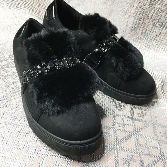 Ashley Stewart Shoes - Ashley Stewart Women's Sz 9 Black Faux Suade Fur Loafer Gem Stone Embellished